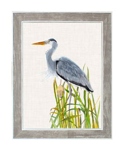 Water bird & Cattails Blue Heron Painting |  Grey & White Wood Frame