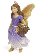 Load image into Gallery viewer, FAIRY GARDEN – RESIN – NEW! ‘BLOSSOM FAIRY’ | MG322 | 3.5” T | YOUNG LADY FAIRY | LIGHT GOLDEN WINGS/LONG BROWN HAIR/SHORT-SLEEVED, FLOOR-LENGTH DRESS – DARK PURPLE FADING TO WHITE ON BOTTOM, WHITE BELTED WAISTLINE | CARRYING BROWN, WOVEN BASKET ON LEFT ARM/WHITE, PURPLE, YELLOW, AND PINK FLOWERS/BLACK STAKE ON BOTTOM TO HELP STAND.