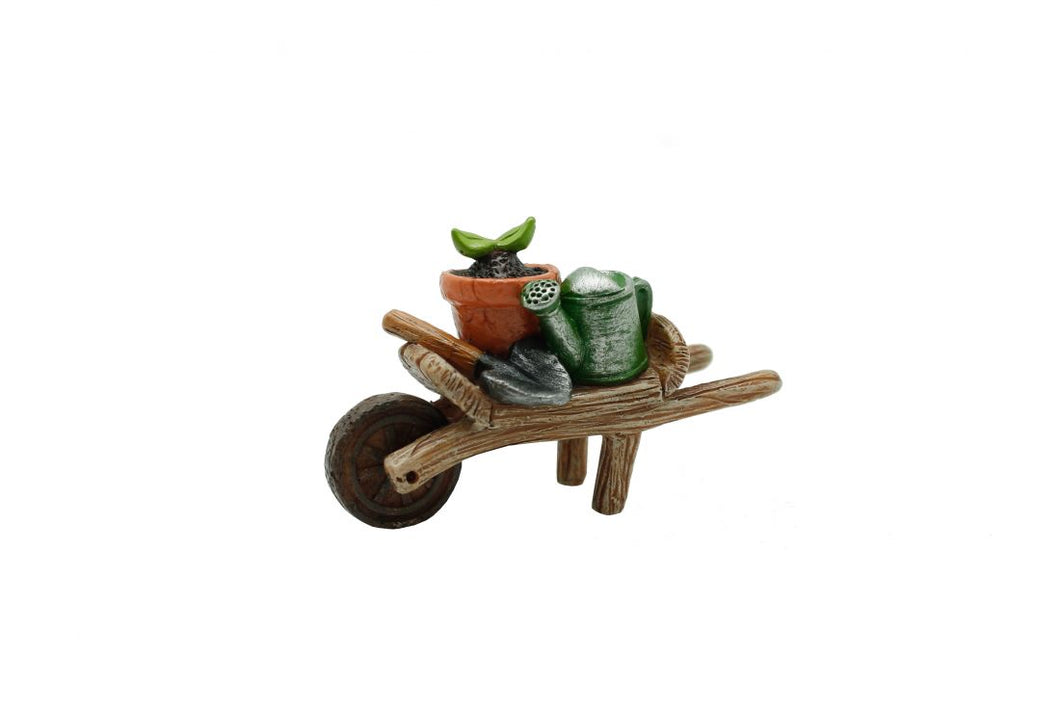 Miniature Wheelbarrow for Fairy with gardening accessories