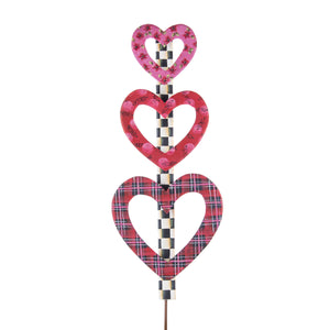 Stack of 3 plaid hearts on a metal garden stake for your porch pot.  31" tall