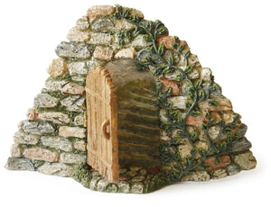 Cobblestone wall with a door hiding a secret stairway for your fairy garden