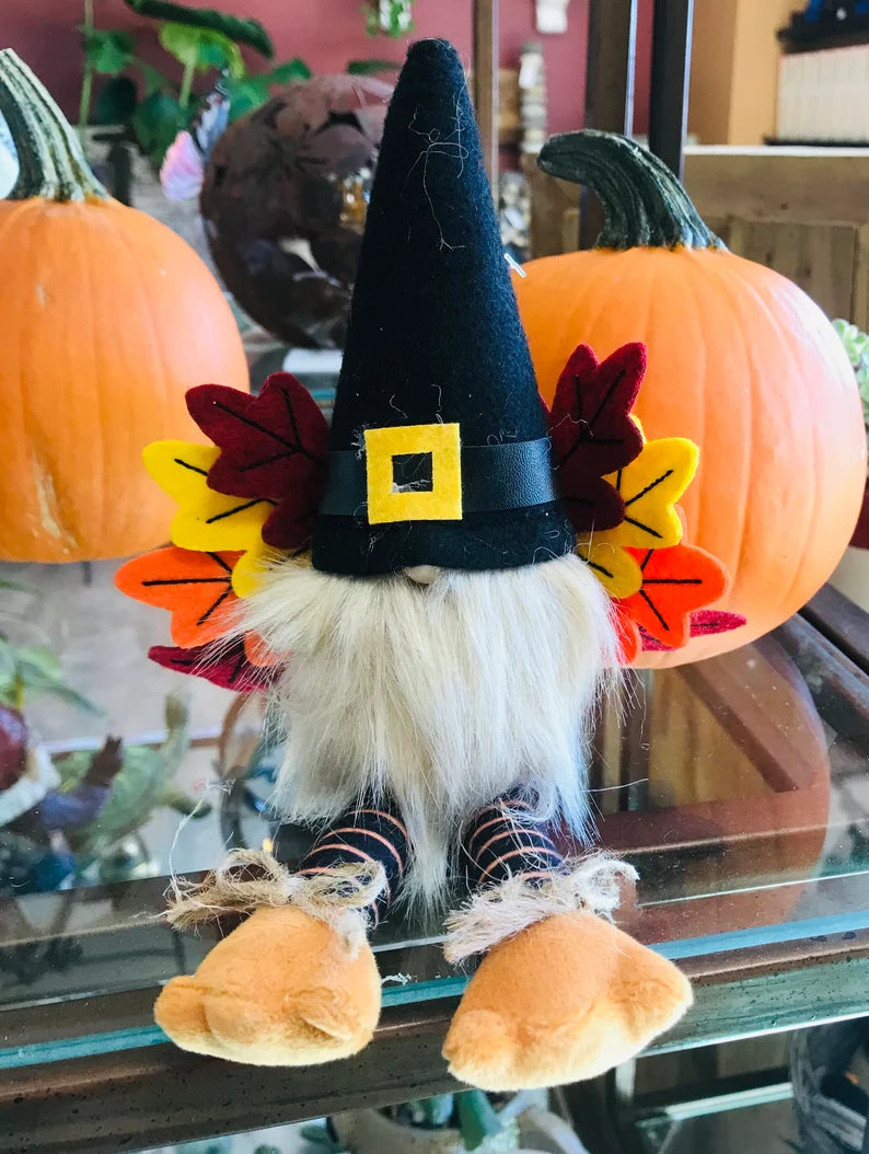 Shelf Sitting Gnome with Pilgrim Hat, leaf wings and Dangle Legs | Thanksgiving | Fall Decoration