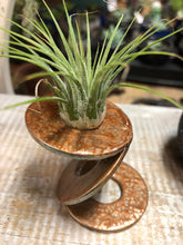 Load image into Gallery viewer, A METAL AIR PLANT PLANT STAND. 3 LARGE WASHERS WELDED TOGETHER TO FORM A ‘Z’ WITH AIR PLANT ON IT. PAINTED METALLIC COPPER. SITTING ON A BOX.
