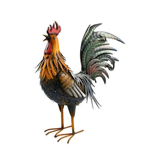 Large Metal Rooster Garden Statue with Blue Chest Feathers