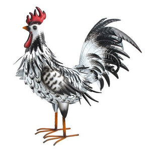 THIS IS A BLACK AND WHITE METAL ROOSTER FACING LEFT. IT HAS POWDER-COATED IRON|IS 23 INCHES LONG BY 9 INCHES WIDE BY 23 INCHES HIGH. IT IS FREESTANDING WITH MALLEABLE FEATHERS AND HAS A HAND-PAINTED NATURAL FINISH.