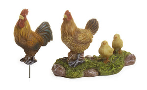 Miniature golden rooster with a brown tail with a metal stake to secure in the ground and the second piece is a golden hen with 2 chicks standing in the grass.  Miniature fairy garden figurines .  Use indoor or outdoor