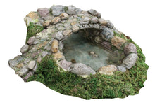 Load image into Gallery viewer, miniature pond with a turtle inside. Cobblestone bridge moss growing around the base.