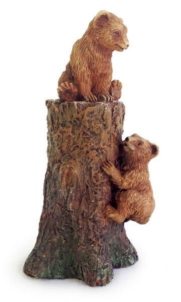 FAIRY GARDEN – 2 BEAR CUBS CLIMBING TREE STUMP. 1 SITTING ON TOP, OTHER CLIMBING | COLORS: CUBS ARE LIGHT BROWN; STUMP IS DARK BROWN.