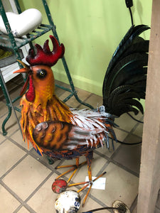 Large Metal Rooster Garden Statue with Blue Chest Feathers