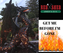 Load image into Gallery viewer, A BLACK POWDER-COATED FILIGREE DRAGON SITTING ON DIRT OUTSIDE LIT FROM THE INSIDE. SHOWS GARDEN PLANTS AND BUILDING IN BACKGROUND. HAS RED SHED GARDEN &amp; GIFTS LOGO AND ‘BURNING’ SIGN STATING ‘GET ME BEFORE I’M GONE’.