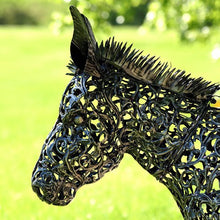 Load image into Gallery viewer, IMAGE OF AN ANTIQUE BRONZE-FINISHED, FILIGREE METAL DONKEY’S HEAD FROM THE SIDE. SHOWS THE FINE DETAILS OF THE HEAD, NECK, AND EARS. IT HAS A BLURRY BACKGROUND OF A LAWN. RedShedGarden redshedgarden RedShedredshed Baraboo Gifts Birthday Mother’s Day Anniversary Garden Decor Donkey Metal Sculpture Just Because