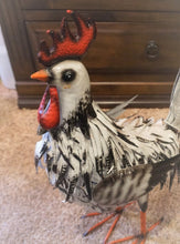 Load image into Gallery viewer, THIS BLACK AND WHITE METAL ROOSTER IS SITTING ON A CEMENT FLOOR, FACING RIGHT. IT HAS POWDER-COATED IRON|IS 23 INCHES LONG BY 9 INCHES WIDE BY 23 INCHES HIGH. IT IS FREESTANDING WITH MALLEABLE FEATHERS AND HAS A HAND-PAINTED NATURAL FINISH.