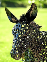 Load image into Gallery viewer, IMAGE OF AN ANTIQUE BRONZE-FINISHED, FILIGREE METAL DONKEY’S HEAD FROM THE FRONT. SHOWS THE FINE DETAILS OF THE HEAD, NECK, AND EARS. IT HAS A BLURRY BACKGROUND OF A LAWN. RedShedGarden redshedgarden RedShedredshed Baraboo Gifts Birthday Mother’s Day Anniversary Garden Decor Donkey Metal Sculpture Just Because