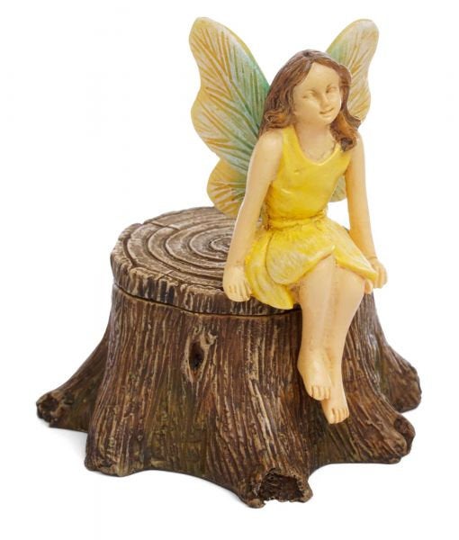 FAIRY GARDEN – RESIN – ‘FAIRY ON STUMP’ | MG322 | 3” T | FAIRY SITTING ON DRK BROWN TREE STUMP, LIGHT BLUE/YELLOW WINGS/BROWN HAIR/ SLEEVELESS, YELLOW DRESS | LIFT HER OFF TO REVEAL HOLLOW TRUNK (HIDE SOMETHING TO SOMEONE TO FIND – MAYBE THE TOOTH FAIRY?)