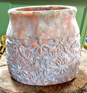 Oval Distressed Terracotta Planter with Embossed Filigree | Tuscan Design | French Country Vase
