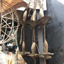 Load image into Gallery viewer, patina copper finish on these metal mushrooms linked together via a chain making a 76&quot; long rain chain.  There is a large hook to attach to the gutters.