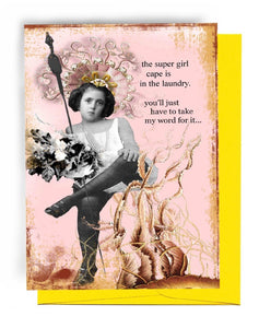 GREETING CARD, ERIN SMITH | BRIGHT YELLOW ENVELOPE. | 5” BY 7” RECYCLED PAPER | PALE PINK CARD WITH BRONZE EDGES | YOUNG LADY SITTING ON EXOTIC PLANT WITH LONG TENTACLES/WEARING A FAN-SHAPED HEADDRESS/LACE/TENTACLE | SHORT DARK HAIR/SLEEVELESS WHITE DRESS/DARK NYLONS/BLACK, DOUBLE-STRAPPED HIGH HEELS | HOLDING BOUQUET OF FLOWERS AND GREENERY | HOLDING LONG POINTED SCEPTER.