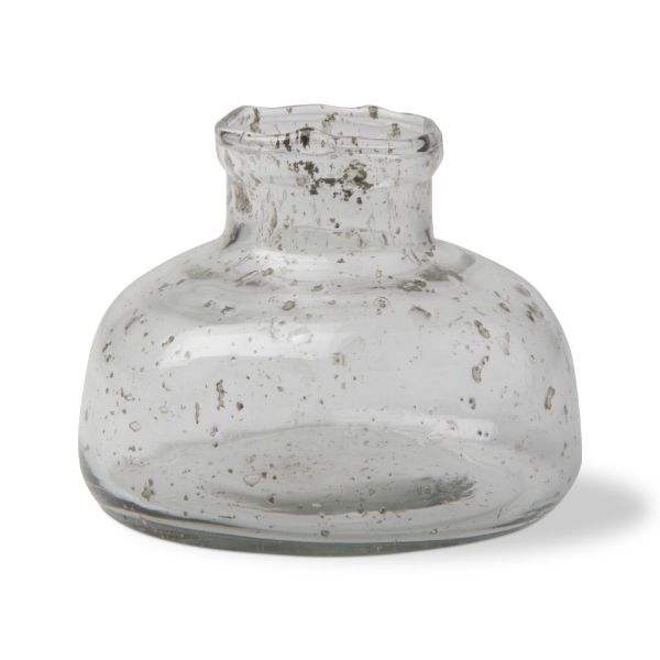 This decorative transparent bud glass vase is mouth blown. this inkwell shaped piece is modern and versatile
