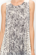 Load image into Gallery viewer, CLOSEUP OF WOMAN WEARING LACE ROSE AND LEOPARD PRINT TUNIC TOP | SHOWS FINE DETAILS | SIZES S TO 2XL | SLEEVELESS, OVER-THE-HIP STYLE.