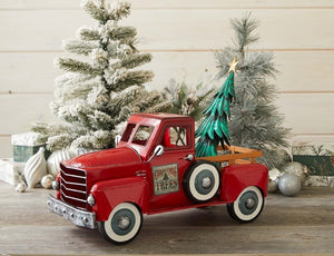 Vintage Look Metal Red Truck With Christmas Tree