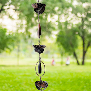 Metal Rain Chain With Peony and Bells | Antique Bronze | 76"