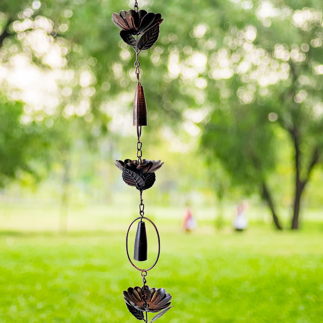 Metal Rain Chain With Peony and Bells | Antique Bronze | 76