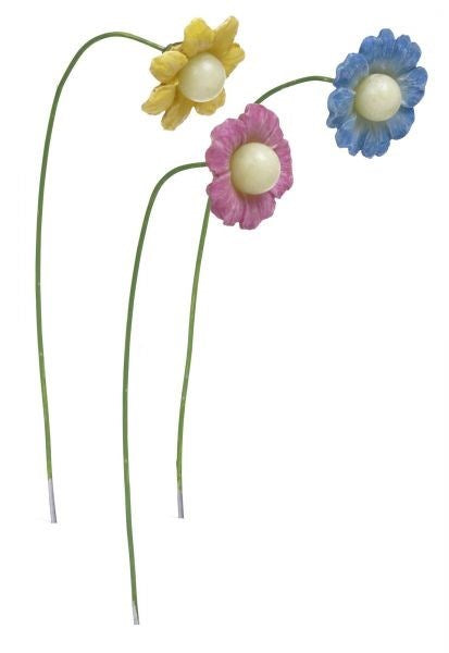 yellow blue and pink miniature flowers with a glow in the dark white center for fairy garden or doll house   8.5