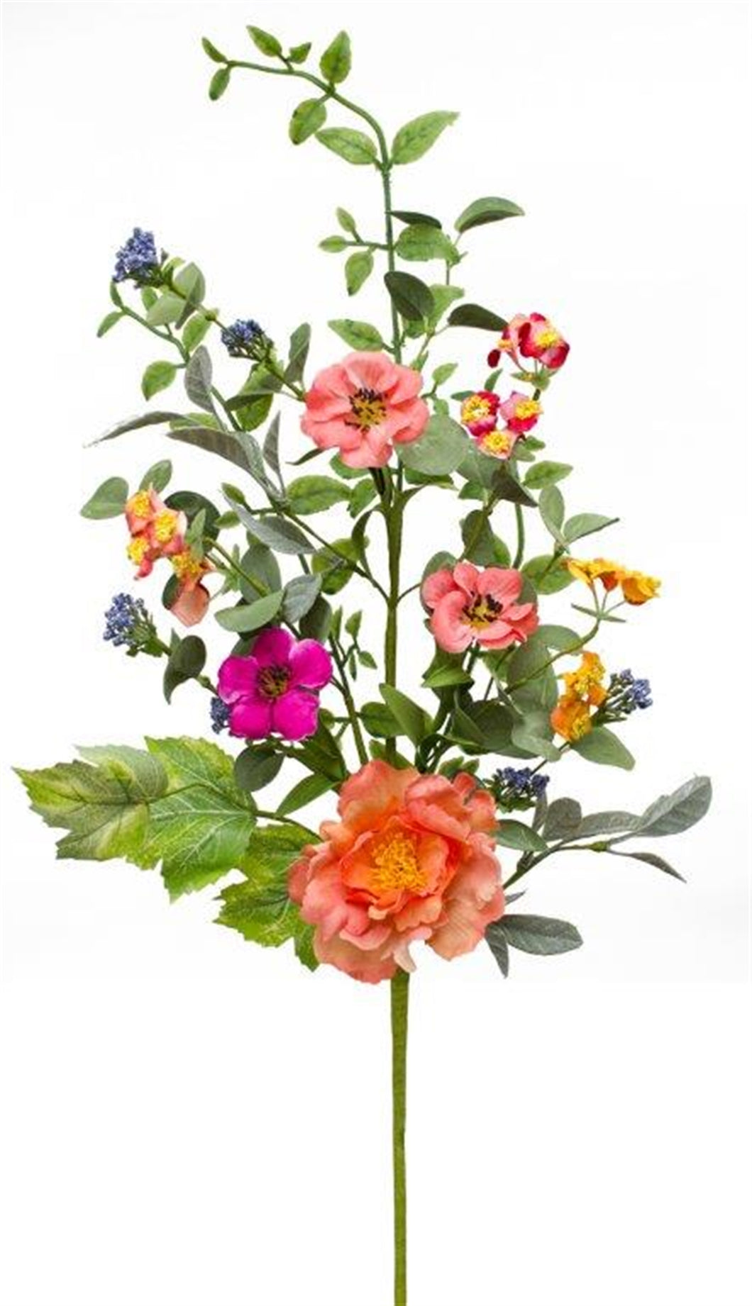 TALL SPRING FLORAL PICK BOUGUET – 34” T. ADD TO ANY VASE OR BUCKET OF SAND FOR A SPLASH OF BLOOMING SPRING FLOWERS. COLORS ARE GREEN FOLIAGE WITH ORANGE, YELL, PINK, PURPLE, AND VARIEGATED FLOWERS.