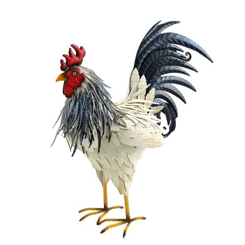 Large Metal Rooster Statue with Blue Tail Feathers