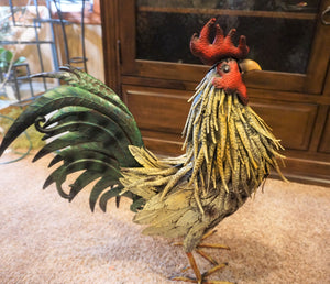Large Metal Iron Rooster with Yellow Chest | Statue
