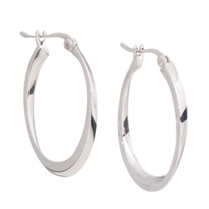 1 PAIR, SILVER EARRINGS WITH A TWIST | 3-DIMENSIONAL, 1-1/8” LONG HOOPS | RHODIUM FINISH | ‘EASY CLICK’ CLOSURES.