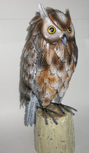Load image into Gallery viewer, Beautiful Barn owl sitting on a stump.  Brown and silver painted metal statue.  