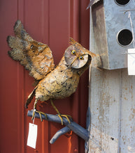 Load image into Gallery viewer, metal brown barn owl perched on metal branch that is screwed into a door.  The left wing is spread.