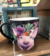 Load image into Gallery viewer, Pink Pig on a black ceramic coffee or tea mug wearing a vegetable crown