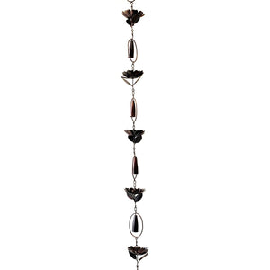 Metal Rain Chain With Peony and Bells | Antique Bronze | 76"