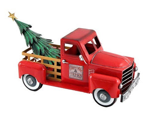 Vintage Look Metal Red Truck With Christmas Tree