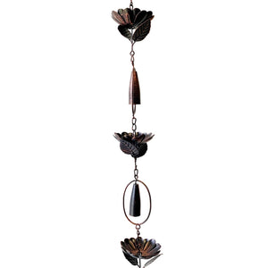 Metal Rain Chain With Peony and Bells | Antique Bronze | 76"