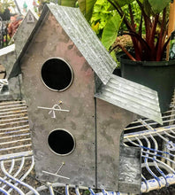 Load image into Gallery viewer, Silver galvanized metal birdhouse condo. There are 2 holes and a side shelter for a suet square