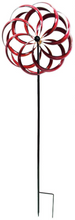 Load image into Gallery viewer, THIS WINDWARD, 6’ TALL BY 24” WIDE, KINETIC WIND SPINNER IS PAINTED WITH METALLIC AUTOMOBILE PAINT TO REDUCE FADING AND PEELING. LONG, CURVED BLADES COLORED RED WITH BLACK EDGES. THE BLADES TURN IN 2 DIFFERENT DIRECTIONS ON A BLACK POLE. IT IS METAL CONSTRUCTION WITH SOME ASSEMBLY REQUIRED. THIS WILL BE DELIVERED BY UPS GROUND.