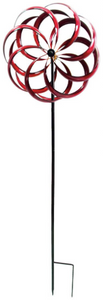 THIS WINDWARD, 6’ TALL BY 24” WIDE, KINETIC WIND SPINNER IS PAINTED WITH METALLIC AUTOMOBILE PAINT TO REDUCE FADING AND PEELING. LONG, CURVED BLADES COLORED RED WITH BLACK EDGES. THE BLADES TURN IN 2 DIFFERENT DIRECTIONS ON A BLACK POLE. IT IS METAL CONSTRUCTION WITH SOME ASSEMBLY REQUIRED. THIS WILL BE DELIVERED BY UPS GROUND.