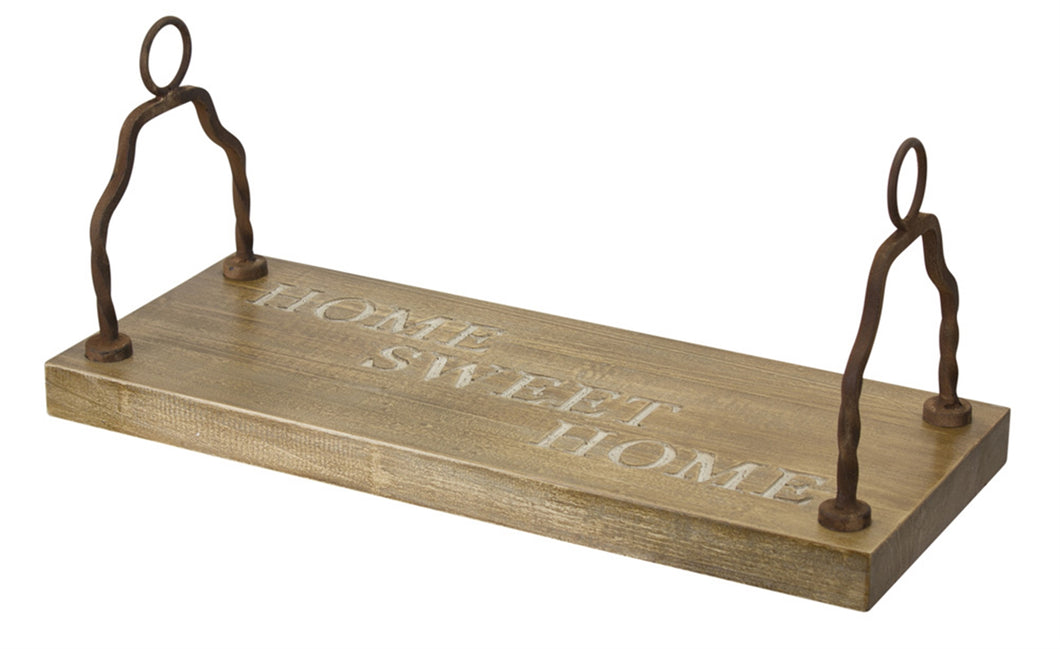 WOODEN SEAT SWING WITH IRON BRACKETS/23.5” L BY 12” W | SANDED INCLUDING EDGES AND CORNERS. WORDS IN THE SEAT “HOME SWEET HOME. “ROPE NOT INCLUDED. SOME ASSEMBLY IS REQUIRED. USE ON YOUR PORCH OR IN YOUR FAVORITE TREE IN YOUR YARD.
