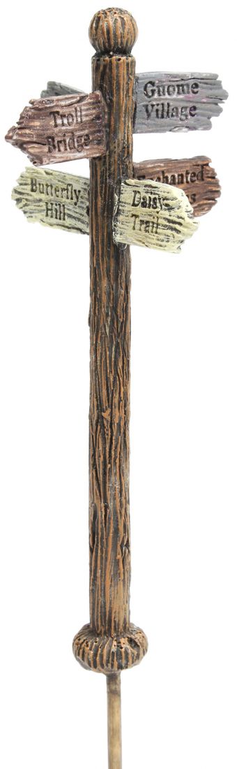 FAIRY GARDEN – RESIN – ‘STREET SIGN’ | MG373 | 9” T BY 1.75” W | HELP DIRECT THE WAY IN YOUR FAIRY GARDEN WITH THIS DARK BROWN TREE LIMB/CARVED INTO A POLE/PAINTED WOODEN SIGNS/KNOB ON TOP/STAKE AT BOTTOM | GNOME VILLAGE (GREY) – A FRIENDLY PLACE!/TROLL BRIDGE (LIGHT BROWN) – WATCH OUT FOR THIS ONE!/BUTTERFLY HILL (PALE YELLOW) – VERY COLORFUL AREA!/DAISY TRAIL (PALE YELLOW) – FOR ANYONE WHO LOVES FLOWERS!