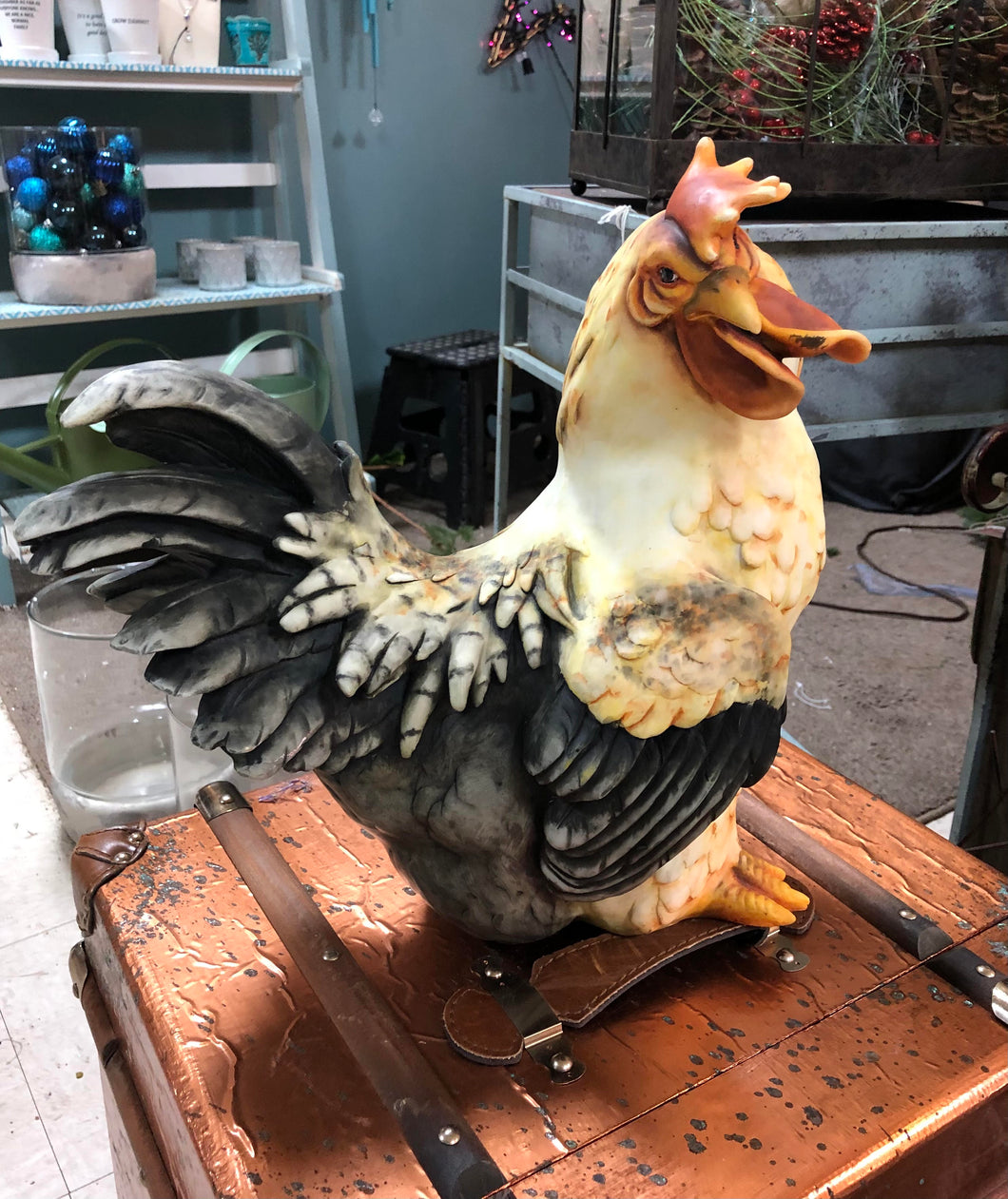 FABIO, RESIN ROOSTER STRUTTING HIS STUFF | A MUST-HAVE OF THIS SILKY SMOOTH ROOSTER | GOLDEN-ORANGE COMB AND WATTLE | YELLOW BEAK AND AROUND HIS EYES | TA UPPER BODY, CHEST, AND LEG FEATHERS | BLACK WINGS, BACKSIDE, AND TAIL FEATHERS | BRIGHT YELLOW-ORANGE FEET.
