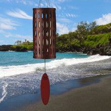 Load image into Gallery viewer, Purple bamboo sleeve and windcatcher Ash wood top and clapper Four silver aluminum tubes Overall Length: 28 inches • Diameter: 5 inches  Purple Passion Aloha Wind Chimes