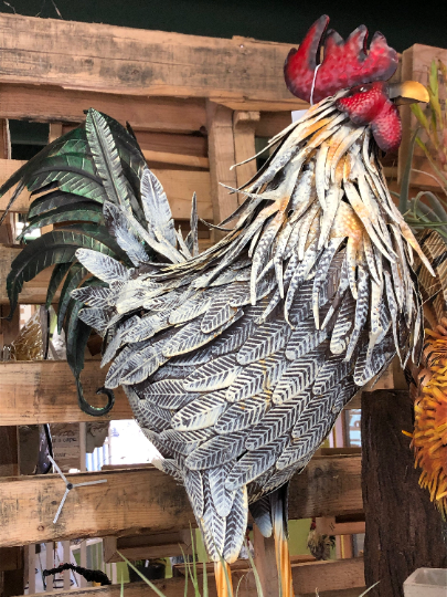 Green Tail  | Extra Large Metal Iron Rooster Statue |  Yard Art